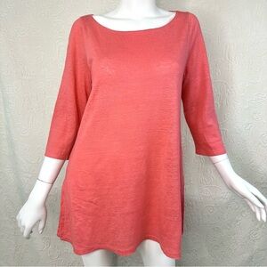Eileen Fisher Organic Linen Bateau Neck Tunic Coral Top 3/4 Sleeves
